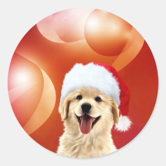 Sticker Rond Chiot Golden Retriever Père Noël