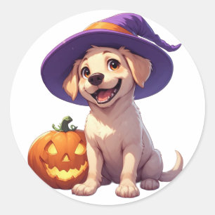 Sticker Rond Chiot Labrador Halloween avec citrouille Jack O La