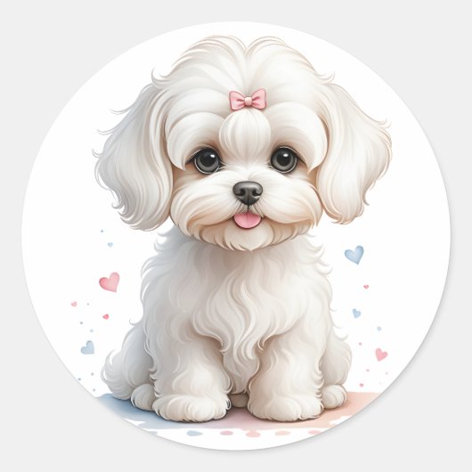 Sticker Rond Chiot maltais avec botte rose (Devant)