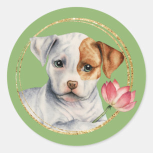 Sticker Rond Chiot mignon à broche avec fleur à ressort