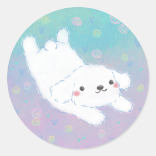 Sticker Rond Chiot Mignon avec Fleurs Pastel