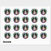 Sticker Rond Chiot mignon dans un panier de fleurs (Feuille)