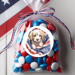 Sticker Rond Chiot mignon Drapeau américain rouge blanc bleu