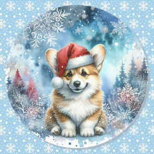 Sticker Rond Chiot père Noël Corgi En Aquarelle De Neige