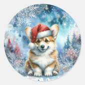 Sticker Rond Chiot père Noël Corgi En Aquarelle De Neige (Devant)