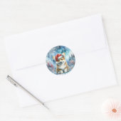 Sticker Rond Chiot père Noël Corgi En Aquarelle De Neige (Enveloppe)