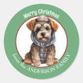 Sticker Rond Chiot Schnauzer miniature en hiver Noël de manteau (Devant)