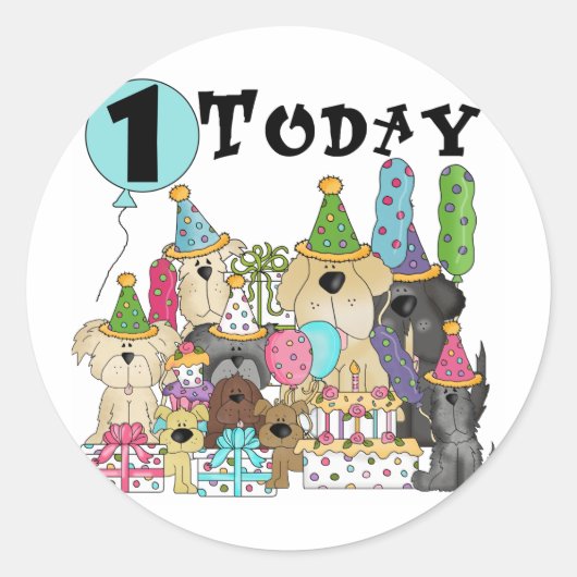 Sticker Rond Chiots 1er Anniversaire Tshirts et cadeaux Bash (Devant)