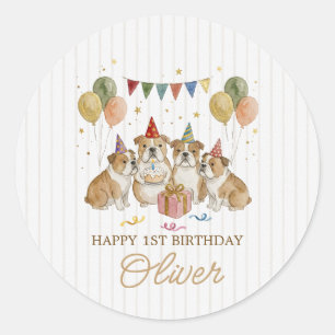 Sticker Rond Chiots Bouledogues Aquarelle Marron Drôle Annivers