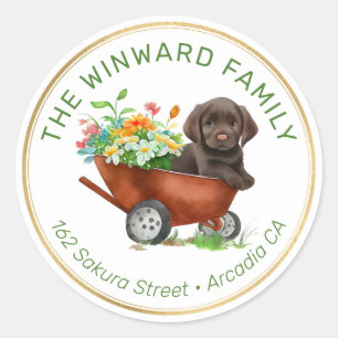 Sticker Rond Chiots dans une brouette et adresse florale de pri