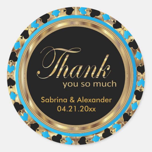 Sticker Rond Chip de poker mariage en bleu et or | MERCI (Devant)
