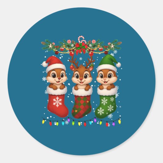 Sticker Rond Chipmunk In Christmas Socks Lights Chipmunk Xmas L (Devant)