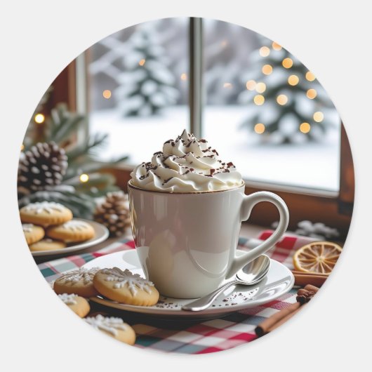 Sticker Rond Chocolat chaud et biscuits à sucre Noël festif (Devant)