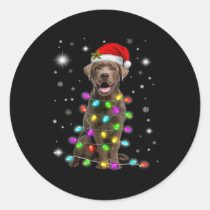 Sticker Rond Chocolat Labrador Santa Hat Noël Fairy Light