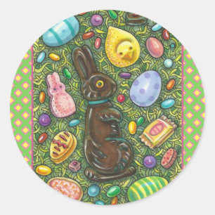 STICKER ROND CHOCOLAT PÂQUES BUNNY, POULET, OEUFS, JELLY BEANS