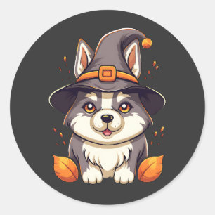 Sticker Rond Chou Husky dans l'Halloween Casquette d'une sorciè