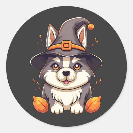 Sticker Rond Chou Husky dans l'Halloween Casquette d'une sorciè (Devant)