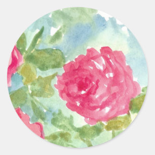 Sticker Rond Chou rose Anglais Rose Fleurs d'aquarelle