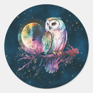 Sticker Rond Chouette arc-en-ciel mystique et Pleine lune céles