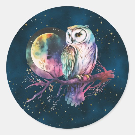 Sticker Rond Chouette arc-en-ciel mystique et Pleine lune céles (Devant)