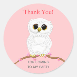 Sticker Rond Chouette blanche mignonne sur rose clair merci