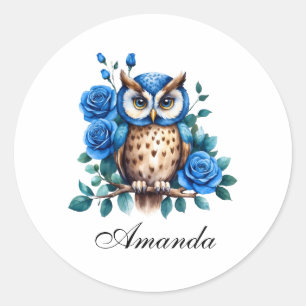 Sticker Rond Chouette bleu aquarelle et Rose