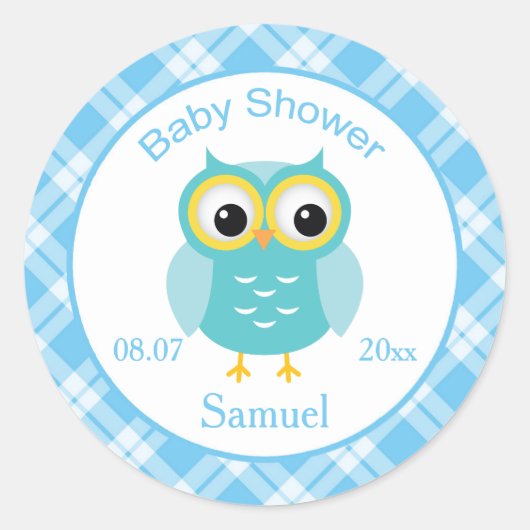 Sticker Rond Chouette bleue, à damiers Baby shower motif (Devant)