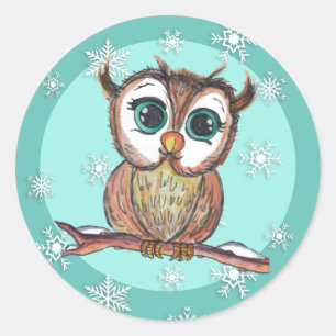 Sticker Rond Chouette d'aquarelle mignonne avec flocons de neig