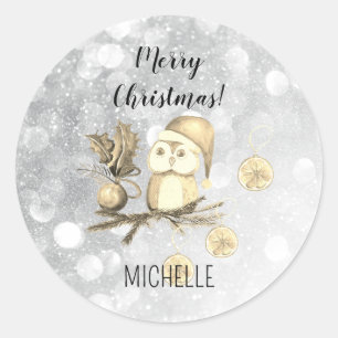 Sticker Rond Chouette de Noël mignonne avec branches et boules