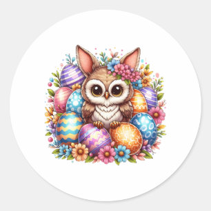 Sticker Rond Chouette de Pâques aux oreilles de lapin