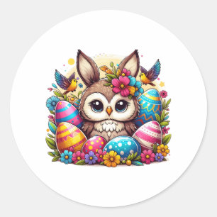 Sticker Rond Chouette de Pâques aux oreilles de lapin