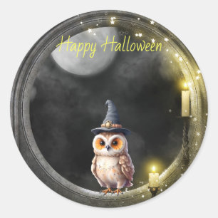 Sticker Rond Chouette d'Halloween dans la fenêtre tour ronde