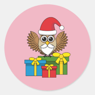 Sticker Rond Chouette du Père Noël avec présents