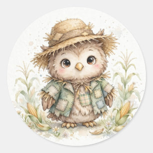 Sticker Rond Chouette épouvantail dans un champ de maïs Hallowe