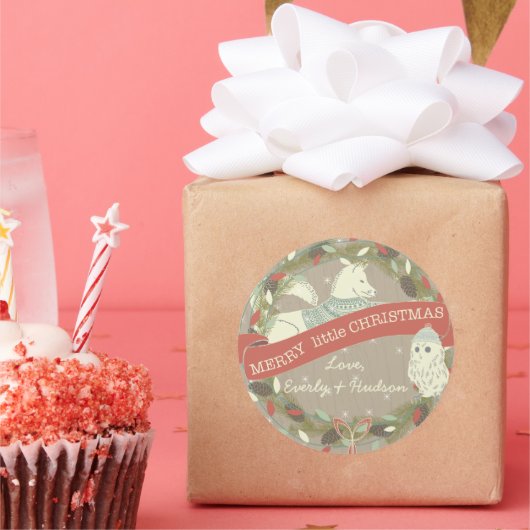 Sticker Rond Chouette Fox Joyeux petit Garland de Noël clair (Fête)