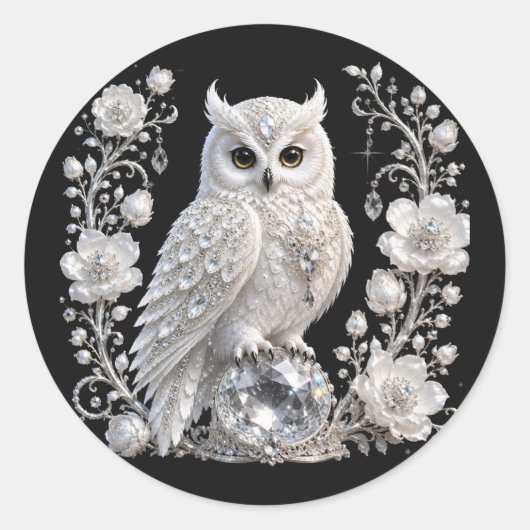Sticker Rond Chouette Perle de Cristal Blanc (Devant)