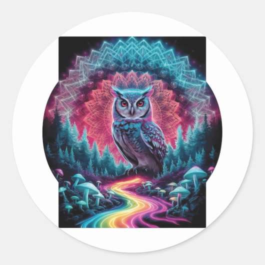 Sticker Rond Chouette psychédélique Mandala - Trippy Forest Art (Devant)