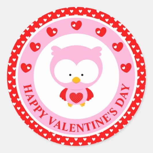 Sticker Rond Chouette rose mignonne et coeurs Saint-Valentin (Devant)