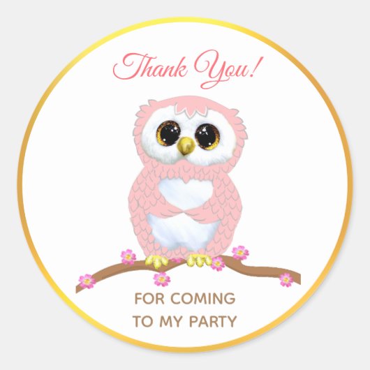 Sticker Rond Chouette rose mignonne merci (Devant)