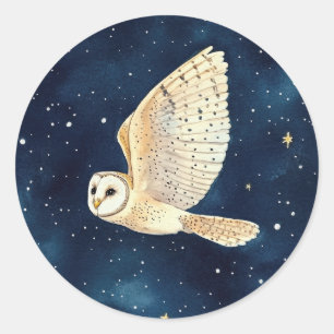 Sticker Rond Chouette volant dans la nuit étoilée aquarelle Noë