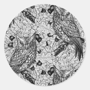 Sticker Rond Chouettes dans le chêne, noir et blanc