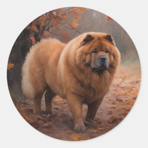 Sticker Rond Chow Chow à l'automne Feuilles automne Inspire