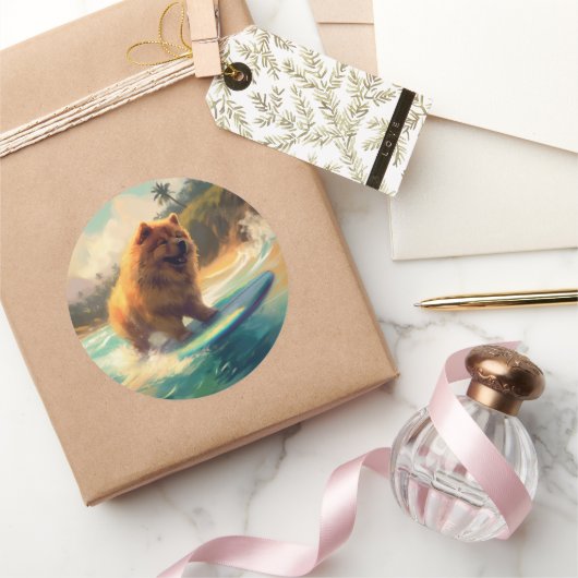 Sticker Rond Chow Chow Beach Plage Surf Peinture (Cadeaux)