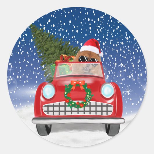 Sticker Rond Chow Chow Chien Conduisant Voiture En Neige (Devant)