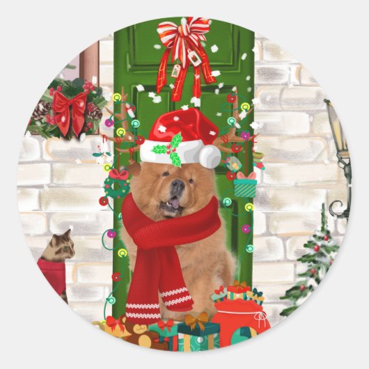 Sticker Rond Chow Chow Chien Noël (Devant)
