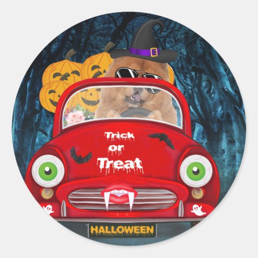 Sticker Rond Chow Chow Chig Conduire voiture effrayant Hallowee (Devant)
