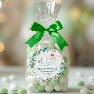Sticker Rond Christening Favors Jote Boy Angel & Green Flowers