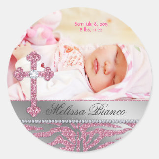 Sticker Rond Christian Baptism Croix Baby Girl Zebra