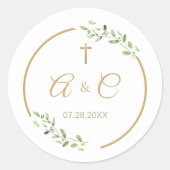 Sticker Rond Christian Wedding Monogram Greenery Wreath Cross (Devant)