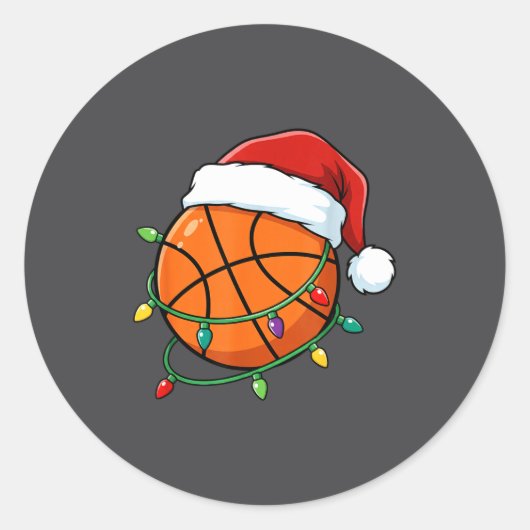 Sticker Rond Christmas Basketball Santa Hat Wrapped In Lights H (Devant)